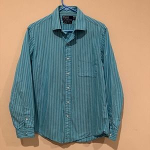 Ralph Lauren Polo Shirt Mens Medium Blue Striped Button Up‎ Custom Philip
